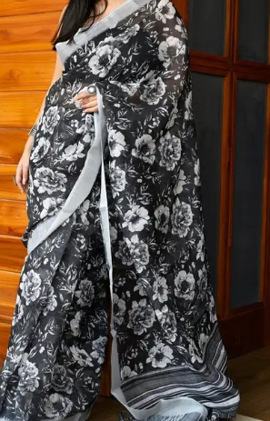 Designer Digital Print Linen Cotton Saree
