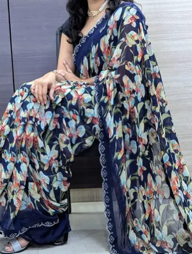 New Georgette Leaf Printed Saree