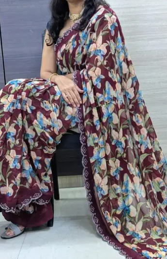 New Georgette Leaf Printed Saree