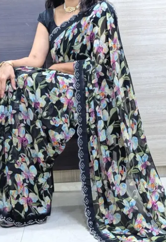 New Georgette Leaf Printed Saree