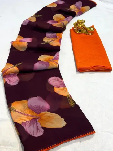 Trendy Georgette Saree with Solid Blouse