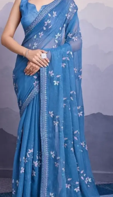 Women's Soft Shimmer Chiffon Embroidered Sarees