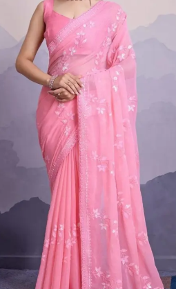 Women's Soft Shimmer Chiffon Embroidered Sarees